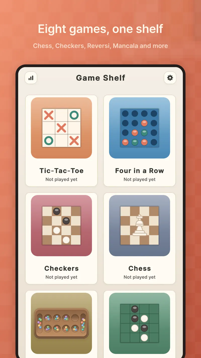 The Game Shelf home screen listing all eight games