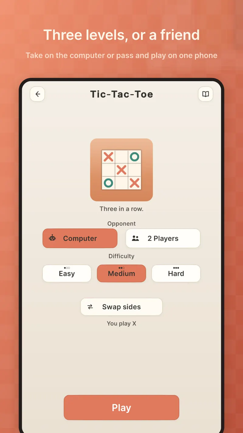 The setup screen offering Computer or 2 Players and Easy, Medium or Hard