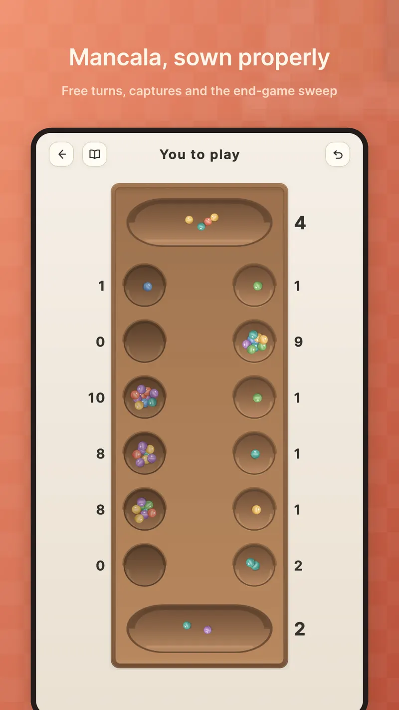 A Mancala board mid-game with seeds sown around the pits