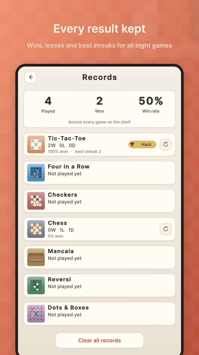 The records screen showing wins, losses and win rate for each game