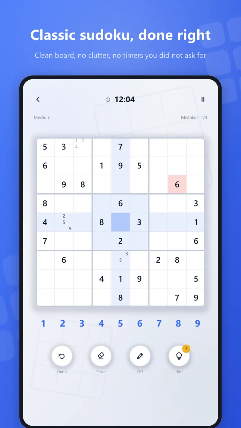 A sudoku board in the Minimal theme, part-solved