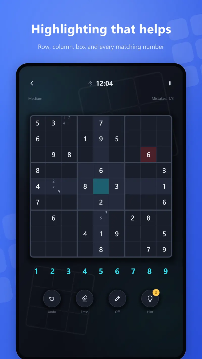 The Dark Neon theme highlighting the row, column, box and matching numbers