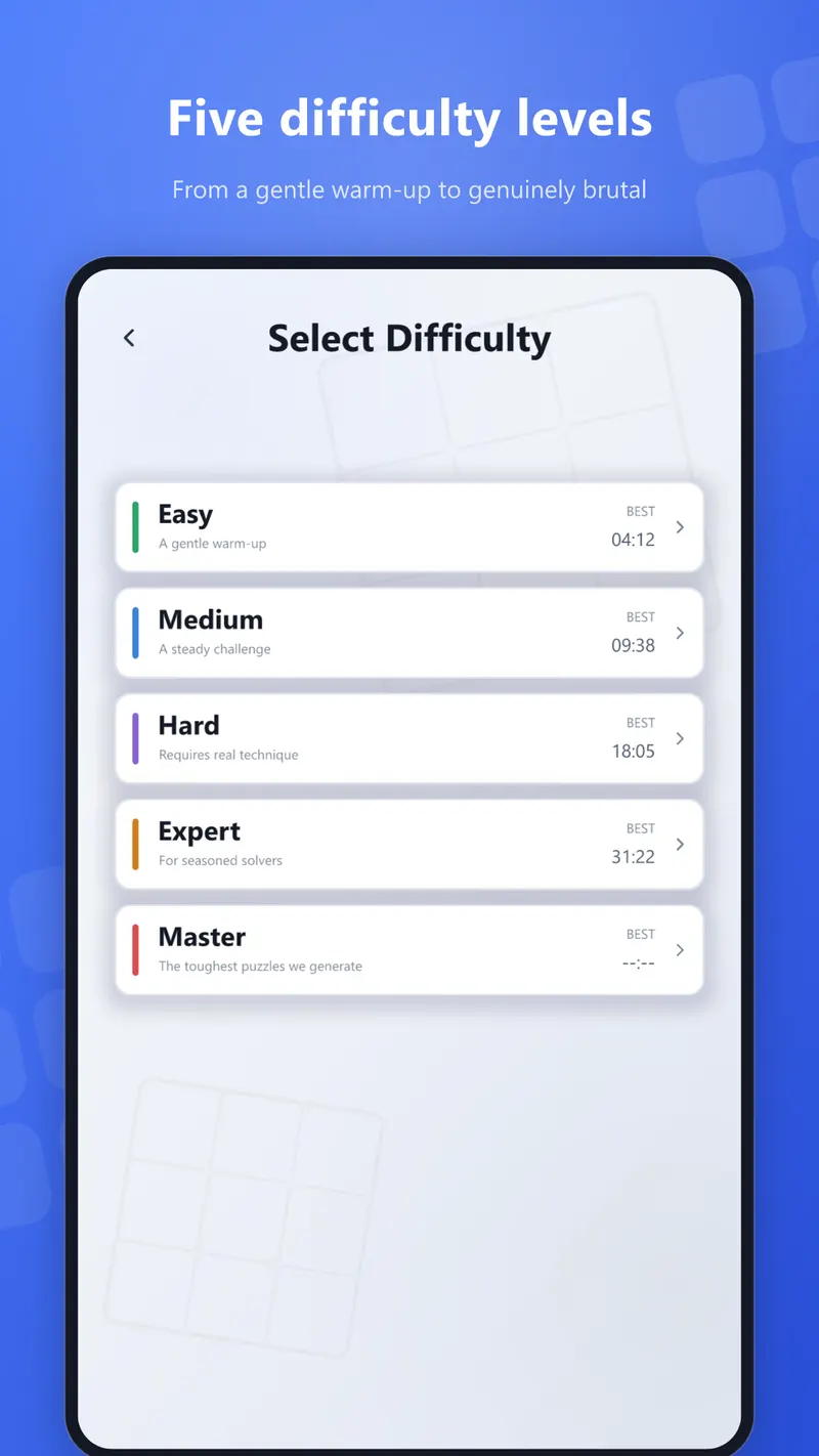 The difficulty picker: Easy, Medium, Hard, Expert and Master